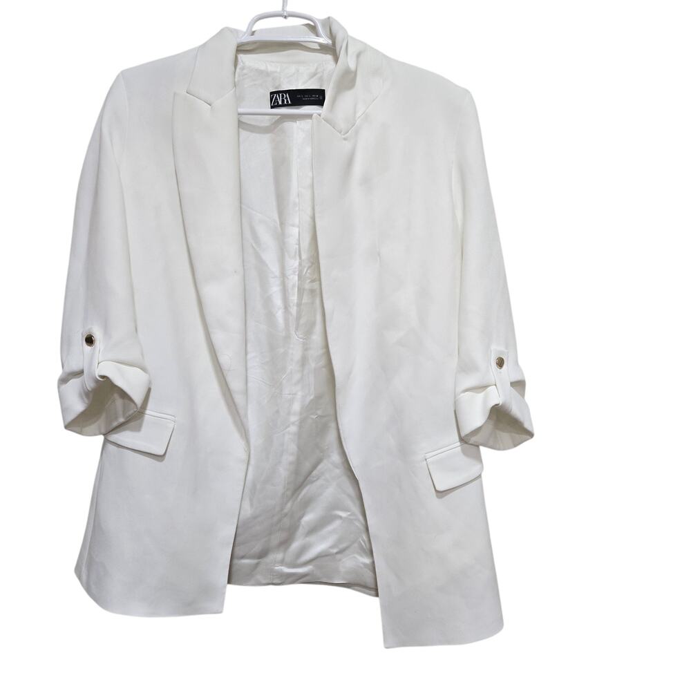Zara White Ruched Sleeve Open Front Blazer Large Career Office
